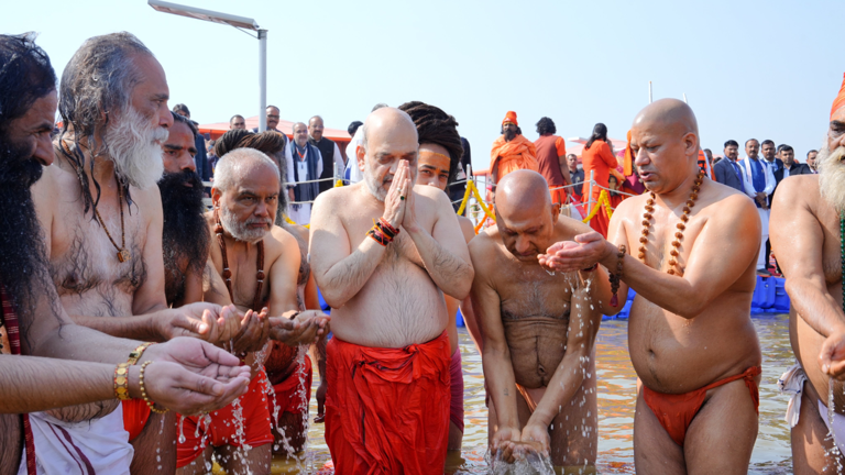 Union Minister Amit Shah takes sacred dip Triveni Sangam, praises Maha Kumbh’s symbol of unity